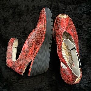 Fly London Yala Red & Black Snakeskin Sandal Wedge, Size 41 = 10-10.5